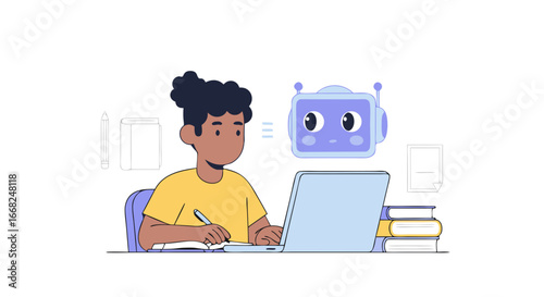 Illustration of a boy studying with a robot, with copy space for your text