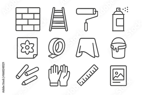 Mural Project Icons. Outline icon set of mural painting projects: wall, ladder, paint roller, spray can,