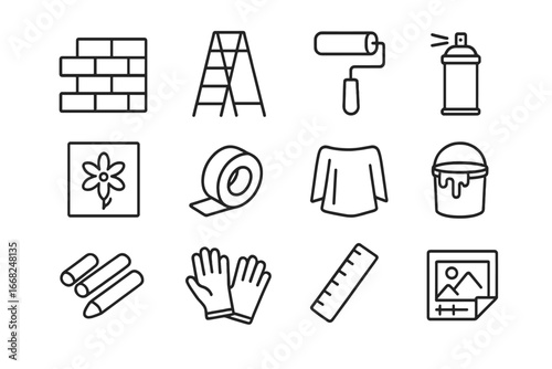 Mural Project Icons. Outline icon set of mural painting projects: wall, ladder, paint roller, spray can,