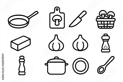 Mushroom Cooking Icon Set. Outline icon set of wild mushroom cooking: frying pan, cutting board, knife, basket