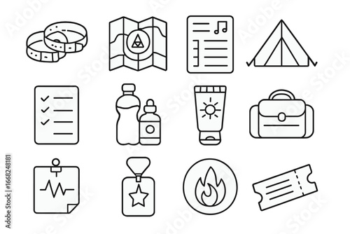 Music Festival Icons. Outline icon set of music festival preparation: wristbands, stage map, set times, tent,