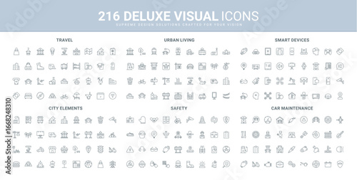 Travel, personal safety protection, car service line icon set. Video and audio device remote control in smart home, urban infrastructure and buildings thin black outline symbols vector illustration