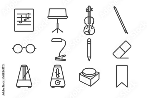 Music Tools Icons. Outline icon set of music reading and performance: sheet music, music stand, violin, bow,