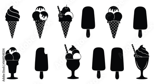 Black silhouettes of various ice cream cones and popsicles on white background