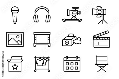 Music Video Shoot Icons. Outline icon set of music video shoot planning: microphone, headphones, camera slider