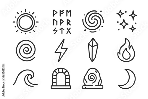 Mystic Portal Icons. Outline icon set of portal magic: glowing ring, rune symbols, energy swirl, starfield,