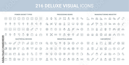 Manufacturing and car service, industry, plug and socket types, gears for industrial and business process line icon set. Garage for equipment repair thin black outline symbols vector illustration
