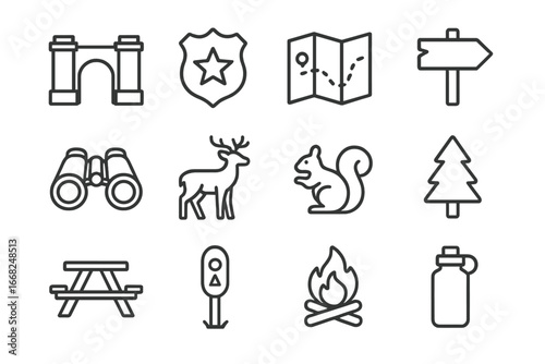 National Park Icon Set. Outline icon set of national park tours: park gate, ranger badge, map, wooden sign,