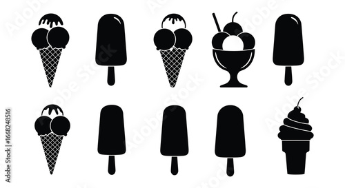 Black silhouettes of various ice cream treats and desserts on white background