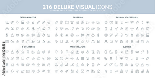 Fashion accessory and apparel, makeup and beauty spa tools, shopping, fabric feature line icon set. Perfume and jewelry, online commerce ads and tags thin black outline symbols vector illustration