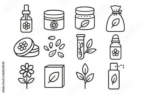 Nature Wellness Icons. Outline icon set of nature-based wellness products: flower oil bottle, natural balm,