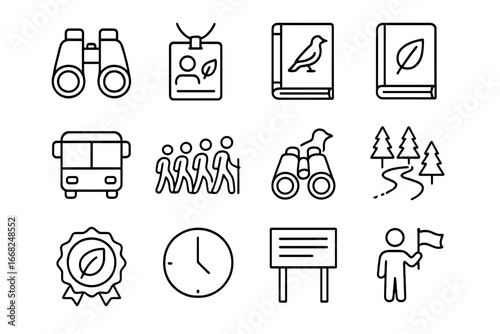 Nature Tour Icons. Outline icon set of guided nature tours: binoculars, tour guide badge, wildlife notebook,