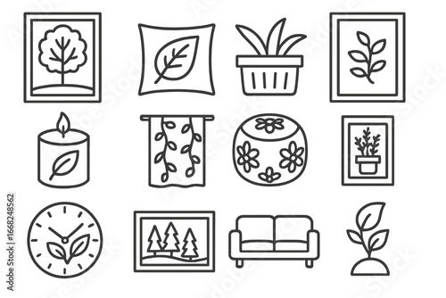 Nature Living Room Icons. Outline icon set of nature-themed living room: tree canvas, leaf-printed pillow,