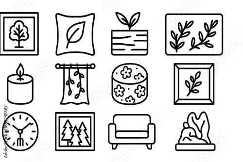 Nature Living Room Icons. Outline icon set of nature-themed living room: tree canvas, leaf-printed pillow,