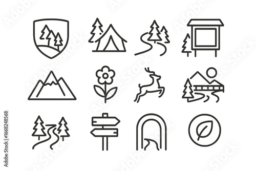 National Park Icons. Outline icon set of national parks and nature preserves: park logo, camping area, trail