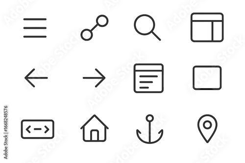 Navigation Icon Set. Outline icon set of navigation design: hamburger menu, breadcrumb trail, search icon,