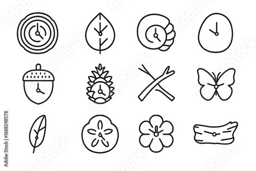 Nature-Inspired Recycled Clocks. Outline icon set of nature-inspired recycled clocks: tree ring clock, leaf