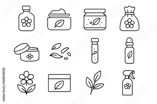 Nature Wellness Icons. Outline icon set of nature-based wellness products: flower oil bottle, natural balm,