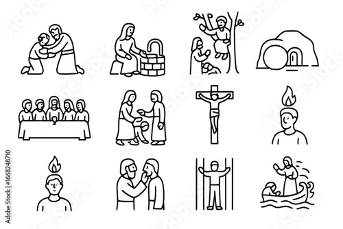 New Testament Icon Grid. Outline icon set of New Testament grace stories: Prodigal Son, woman at well,