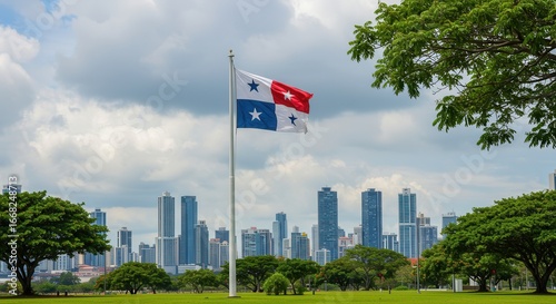 Panama National Flag Waving with Panama City Skyline in Background – Modern Patriotic Scene