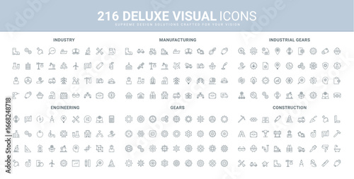 Gear system, manufacturing and engineering productivity, operation line icon set. Modification of industrial process to automate production, construction thin black outline symbols vector illustration