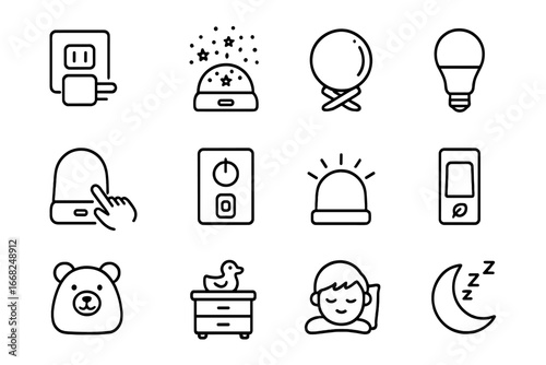 Nightlight Icon Designs. Outline icon set of nightlight designs: plug-in nightlight, star projector, moon lamp