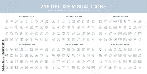 Web design and digital content creation using designer tools, marketing services line icon set. Mobile application interface and software settings thin black outline symbols vector illustration