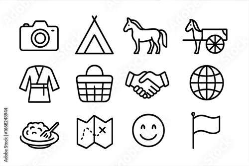 Nomadic Icon Set. Outline icon set of documenting nomadic lifestyles: camera, tent, horse, cart, clothing,