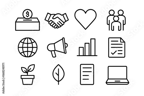 Nonprofit Tools Icons. Outline icon set of nonprofit startup tools: donation box, handshake, heart, people,