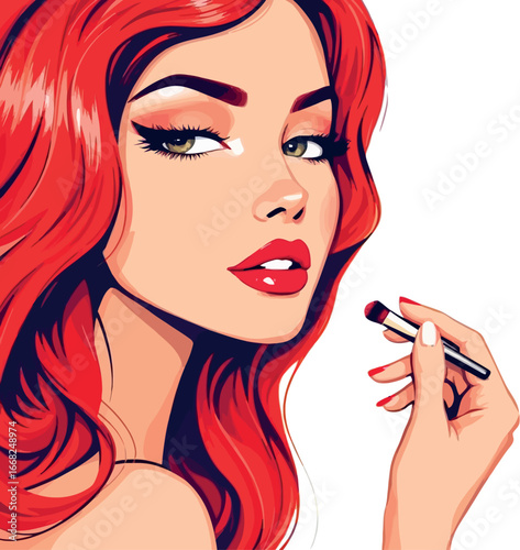 Vsai beautiful redhead woman applying makeup with brush