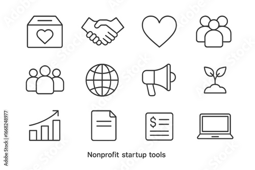 Nonprofit Tools Icons. Outline icon set of nonprofit startup tools: donation box, handshake, heart, people,