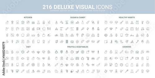 Kitchen tools and cooking equipment, vegetables and fruits, healthy lifestyle, eating and diet line icon set. Life balance and meditation, online recipes thin black outline symbols vector illustration