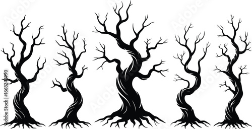 Haunted Tree Silhouette Vector, Spooky Dead Forest Illustration.