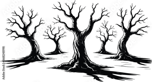 Spooky Bare Trees Clipart, Haunted Forest Silhouette Vector Design.