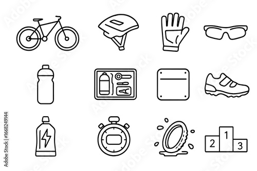 Off-Road Cycling Icons. Outline icon set of off-road cycling race: mountain bike, helmet, gloves, sunglasses,