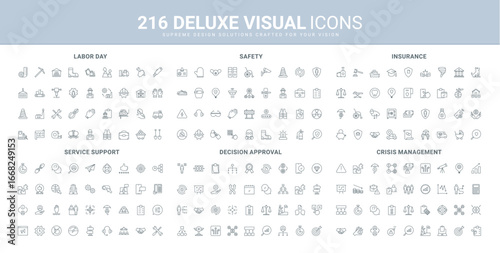 Crisis management, life and business insurance, decision approval, labor safety line icon set. Investment protection strategy, support maintenance service thin black outline symbol vector illustration