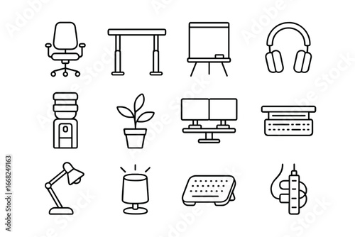 Office Icon Set. Outline icon set of office productivity boosters: ergonomic chair, standing desk, whiteboard,