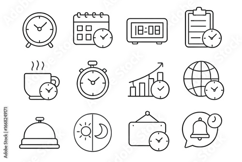 Office Desk Clocks Icons. Outline vector icons of office desk clocks: tabletop clock, calendar combo, LED time