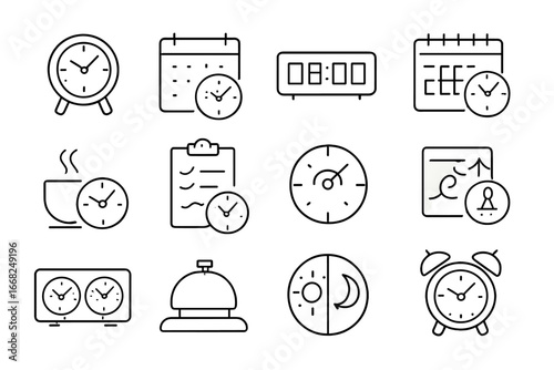 Office Desk Clocks Icons. Outline vector icons of office desk clocks: tabletop clock, calendar combo, LED time