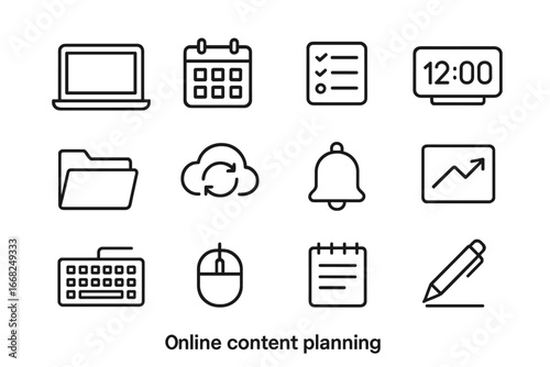 Online Content Planning Icons. Outline icon set of online content planning on desktop: laptop screen, calendar