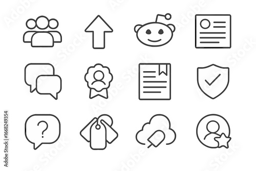 Online Community Icons. Outline icon set of online communities and forums: user thread, upvote arrow,