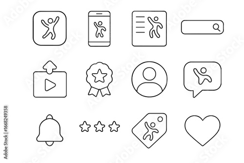 Online Dance Icons. Outline icon set of online dance platforms: app icon, mobile screen, playlist, search bar,