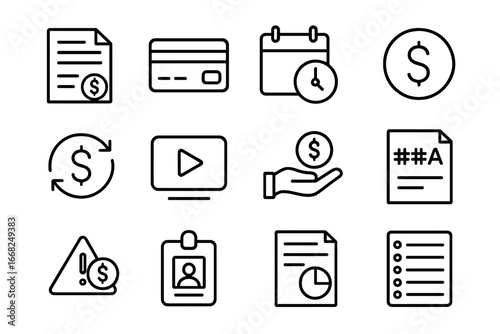 Online Service Icons. Outline icon set of online service billing: invoice page, bank card, billing date,