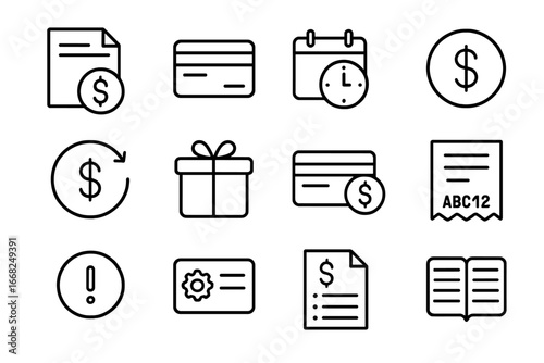 Online Service Icons. Outline icon set of online service billing: invoice page, bank card, billing date,