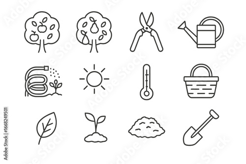 Orchard Technique Icons. Outline icon set of orchard adaptation techniques: apple tree, pear tree, pruning