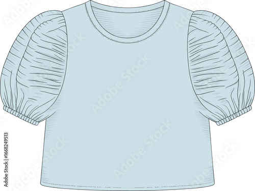 Light blue puff sleeve blouse, round neck top, ruched sleeve fashion, trendy women's apparel, cad drawing flat vector illustration