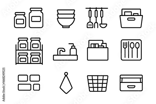 Organized Kitchen Icons. Outline icon set of kitchen organization: labeled jars, stacked bowls, hanging tools,