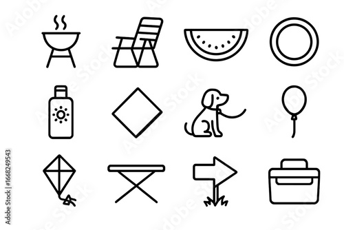 Outdoor Family Icons. Outline icon set of outdoor family gathering: barbecue grill, lawn chair, watermelon