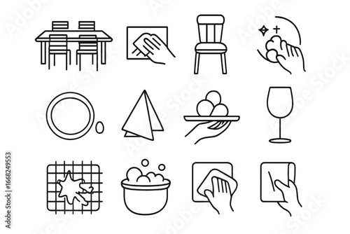 Outdoor Furniture Cleaning Icons. Outline vector icons of cleaning outdoor dining furniture: large table, seat