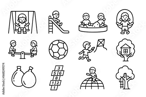 Outdoor Play Icons. Outline icon set of children playing together outdoors: swing set, slide, sandbox, jump